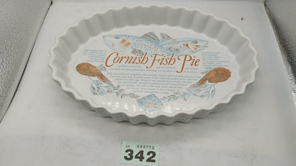 Flan Tarte Dish with Cornish Fish Pie Recipe Motif and Seafood Design Vintage