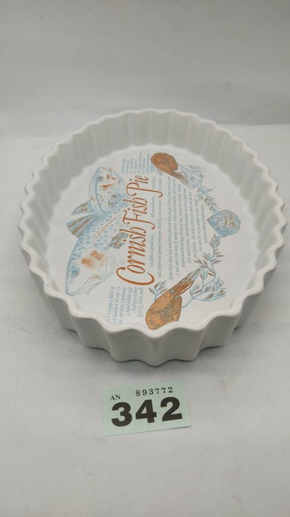 Flan Tarte Dish with Cornish Fish Pie Recipe Motif and Seafood Design Vintage