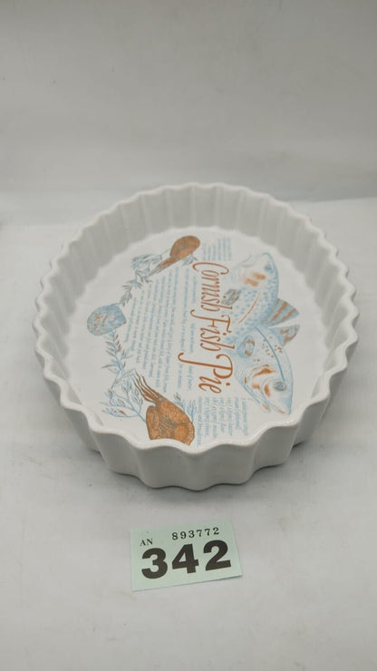 Flan Tarte Dish with Cornish Fish Pie Recipe Motif and Seafood Design Vintage