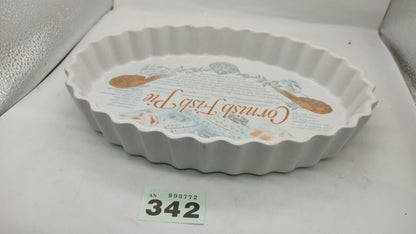 Flan Tarte Dish with Cornish Fish Pie Recipe Motif and Seafood Design Vintage