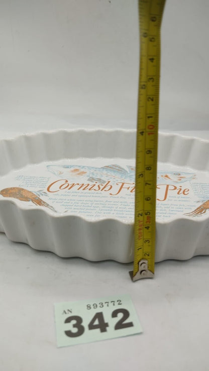 Flan Tarte Dish with Cornish Fish Pie Recipe Motif and Seafood Design Vintage