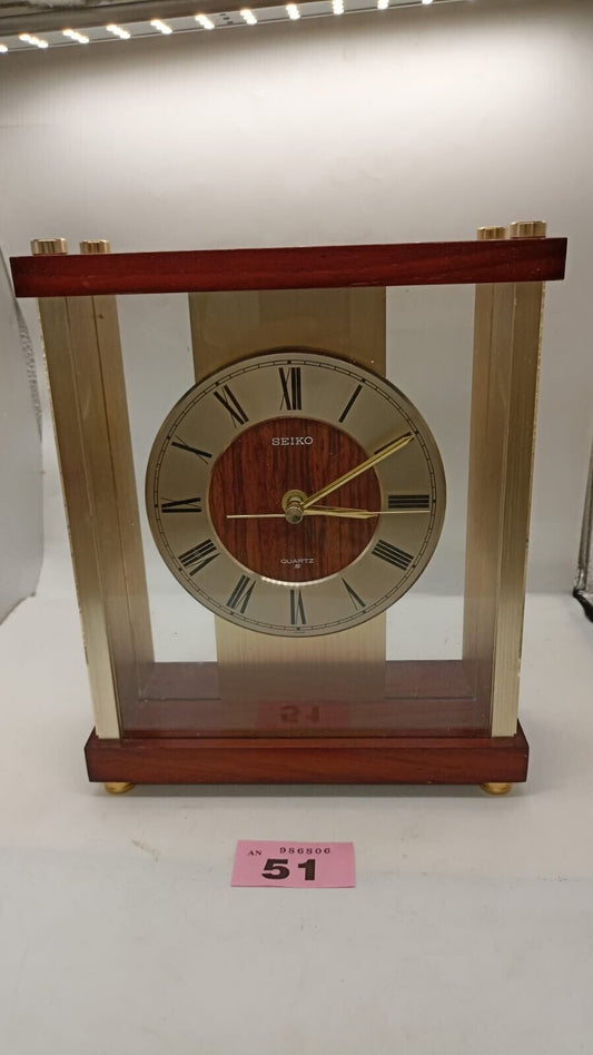 Vintage Seiko Quartz Mantle Clock Gold Tone with Mahogany Wood Cade Working Used