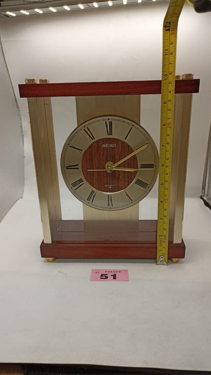 Vintage Seiko Quartz Mantle Clock Gold Tone with Mahogany Wood Cade Working Used