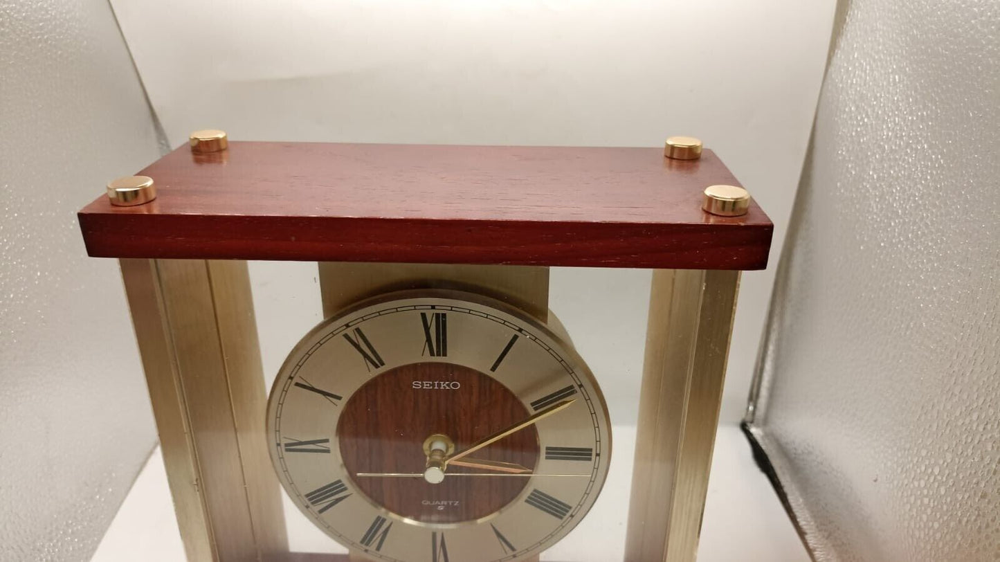 Vintage Seiko Quartz Mantle Clock Gold Tone with Mahogany Wood Cade Working Used